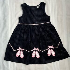 Vintage Navy Corduroy Polka Dot Dress with Pink Ballet Shoe Applique